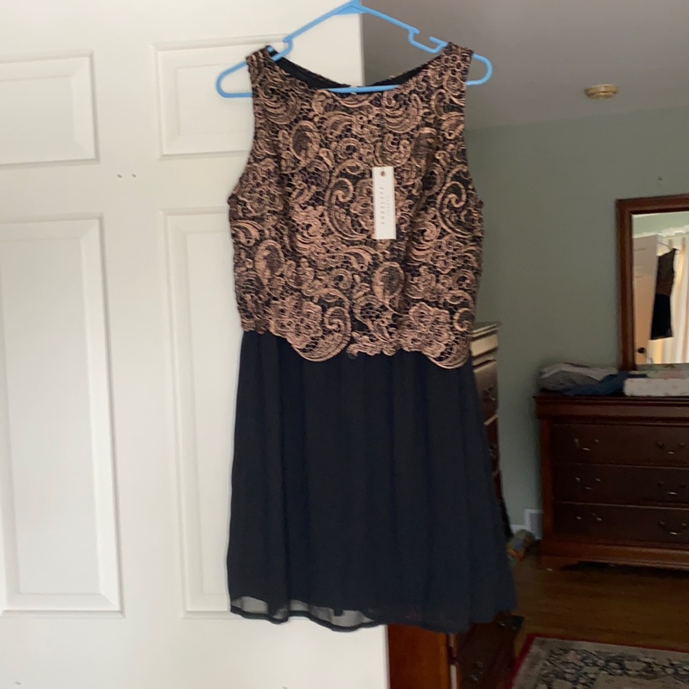 Angeleye London black dress with rose gold overlay and exposed back zipper